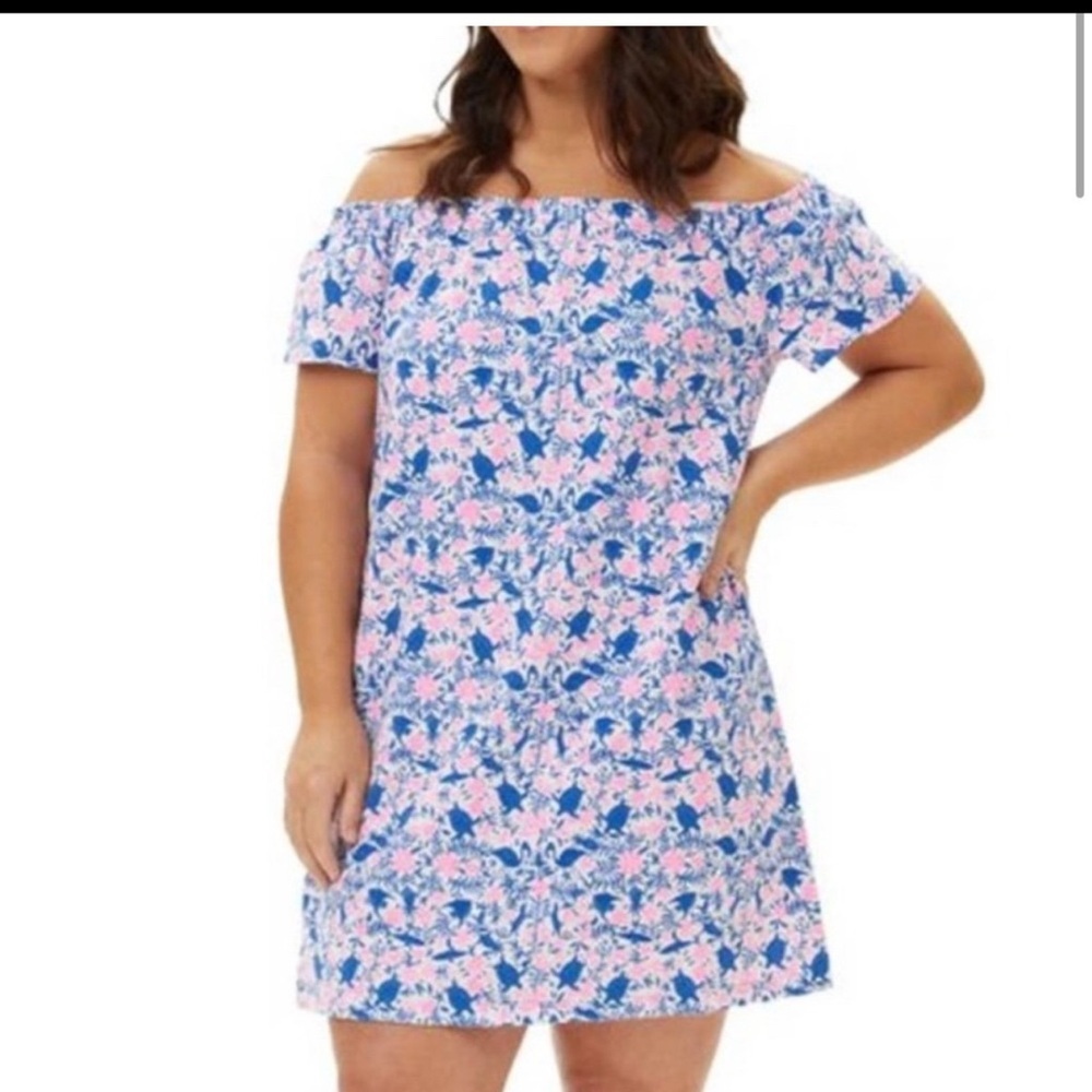 Vineyard Vines Bahamas Otomi Off Shoulder Mini Dress XS Linen Blend Pink Blue